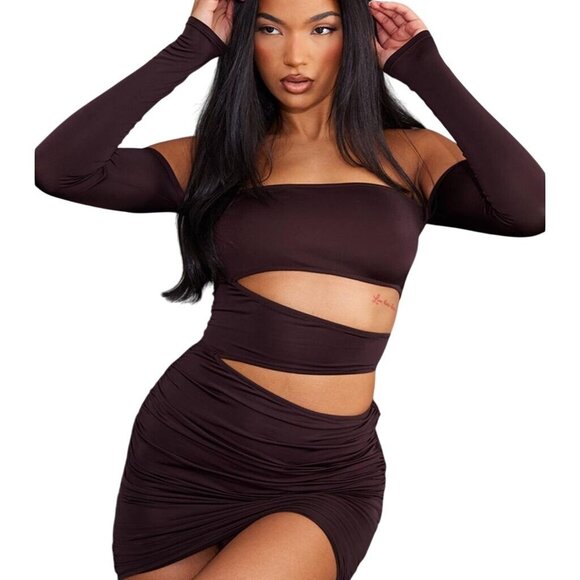 Chocolate Slinky Cut Out Bodycon Mini Dress Size 4 Bardot Y2K Baddie Clubwear - Picture 3 of 11